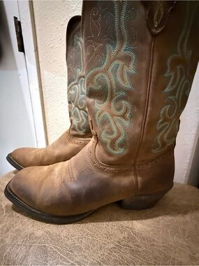 Justin Boots Brown distressed Leather Western Boots with Teal Embroidery